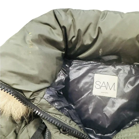 SAM.***Long Olive Green Belt Puffer Jacket Hooded w/Fur Trim***Size 10 $495 EUC - Picture 9 of 9